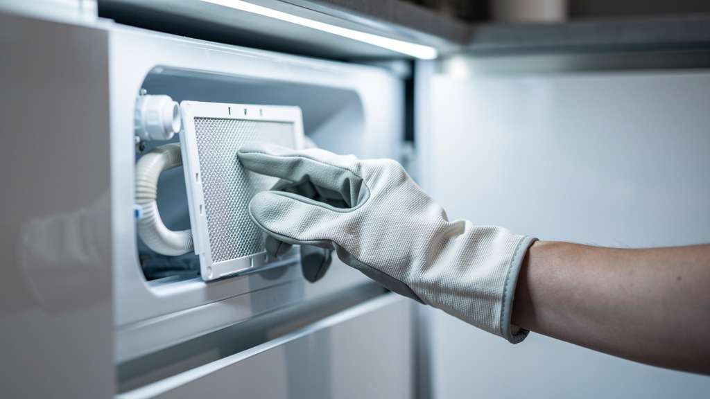 A Seasonal Home Appliance Maintenance Checklist to Keep Everything Running Year-Round 5 A close-up of a person's hand performing a simple maintenance task on a generic home appliance, such as cleaning a filter, in a clean, well-lit environment.