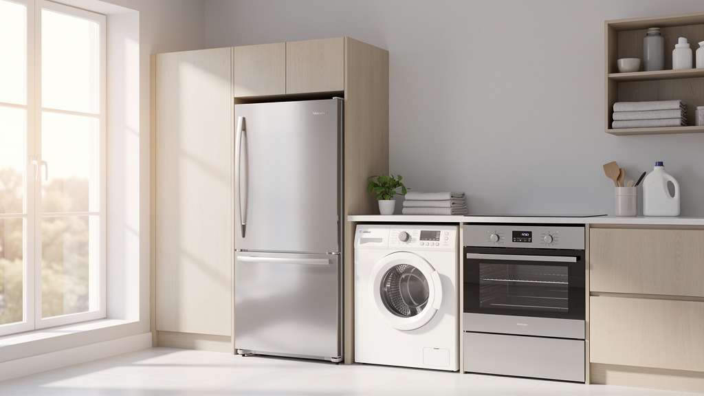A pristine collection of various home appliances like a refrigerator, washing machine, and oven, arranged neatly in a bright, modern home setting, conveying a sense of order and maintenance.